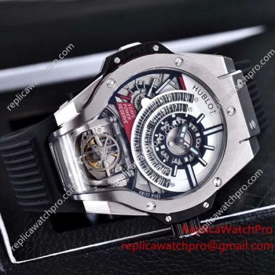 Swiss Clone Hublot MP-09 Tourbillon Bi-Axis SS Skeleton Dial Black Rubber Strap